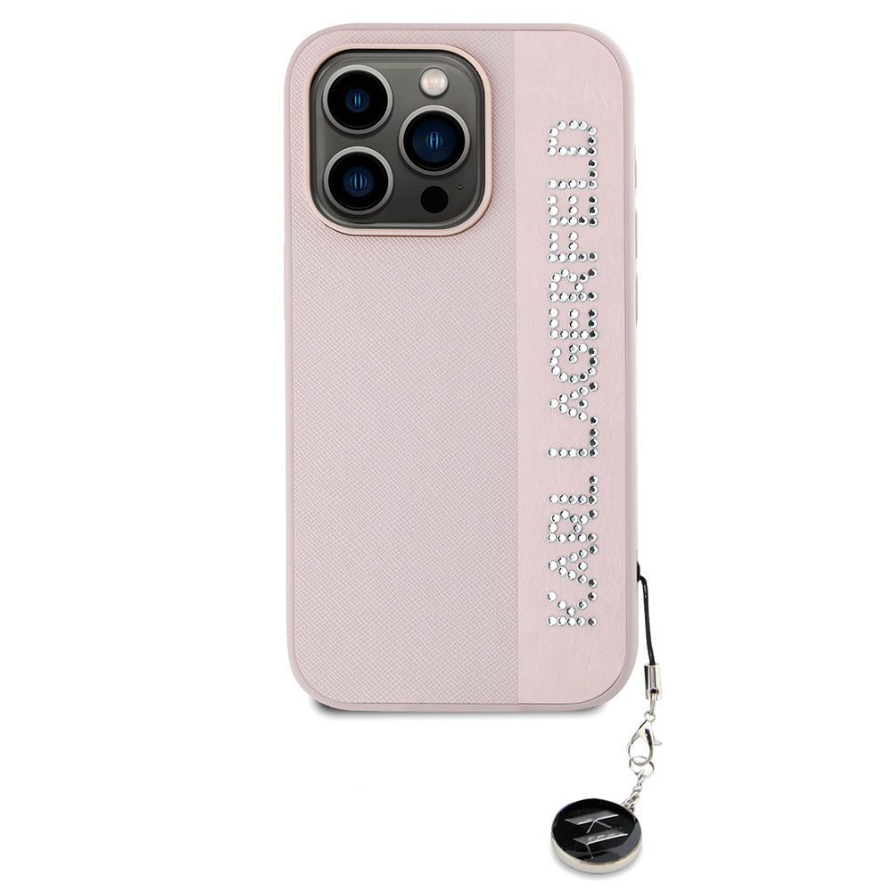 Karl Lagerfeld iPhone 16 Pro Orjinal Lisanslı Anahtarlıklı Taşlı KL Yazılı Saffiano Rhinestones Telefon Kılıfı-3