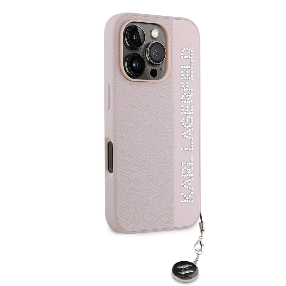 Karl Lagerfeld iPhone 16 Pro Orjinal Lisanslı Anahtarlıklı Taşlı KL Yazılı Saffiano Rhinestones Telefon Kılıfı-4