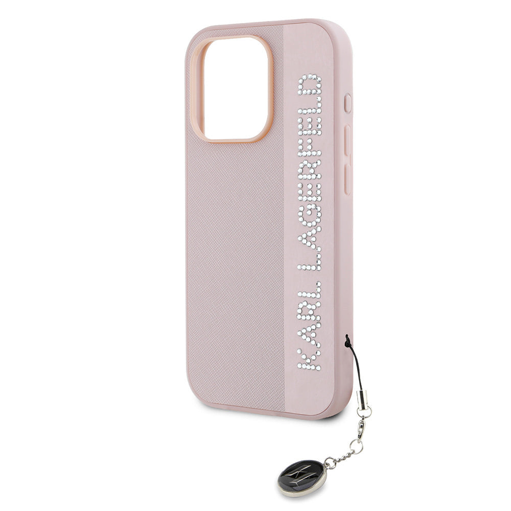 Karl Lagerfeld iPhone 16 Pro Orjinal Lisanslı Anahtarlıklı Taşlı KL Yazılı Saffiano Rhinestones Telefon Kılıfı-6