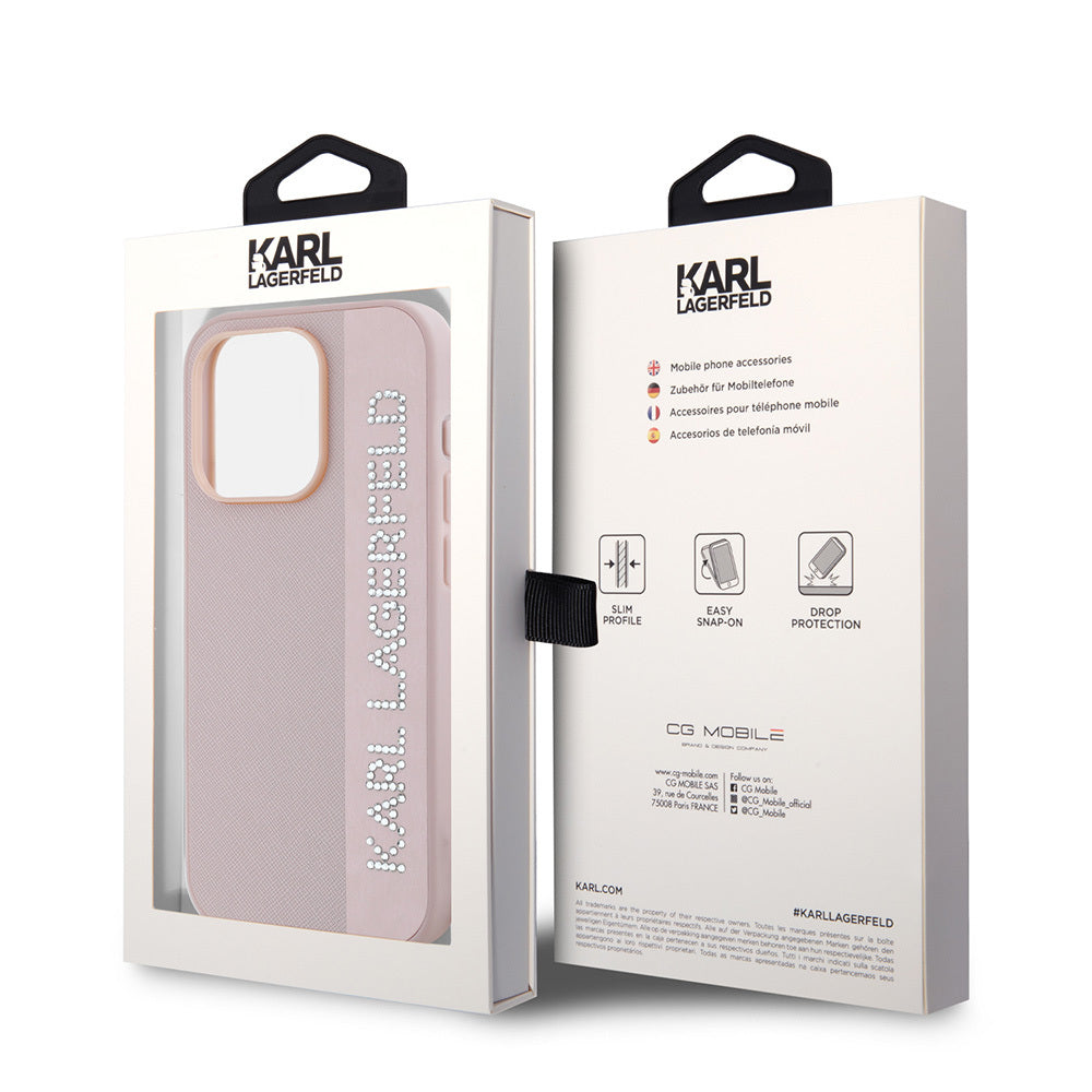 Karl Lagerfeld iPhone 16 Pro Orjinal Lisanslı Anahtarlıklı Taşlı KL Yazılı Saffiano Rhinestones Telefon Kılıfı-8