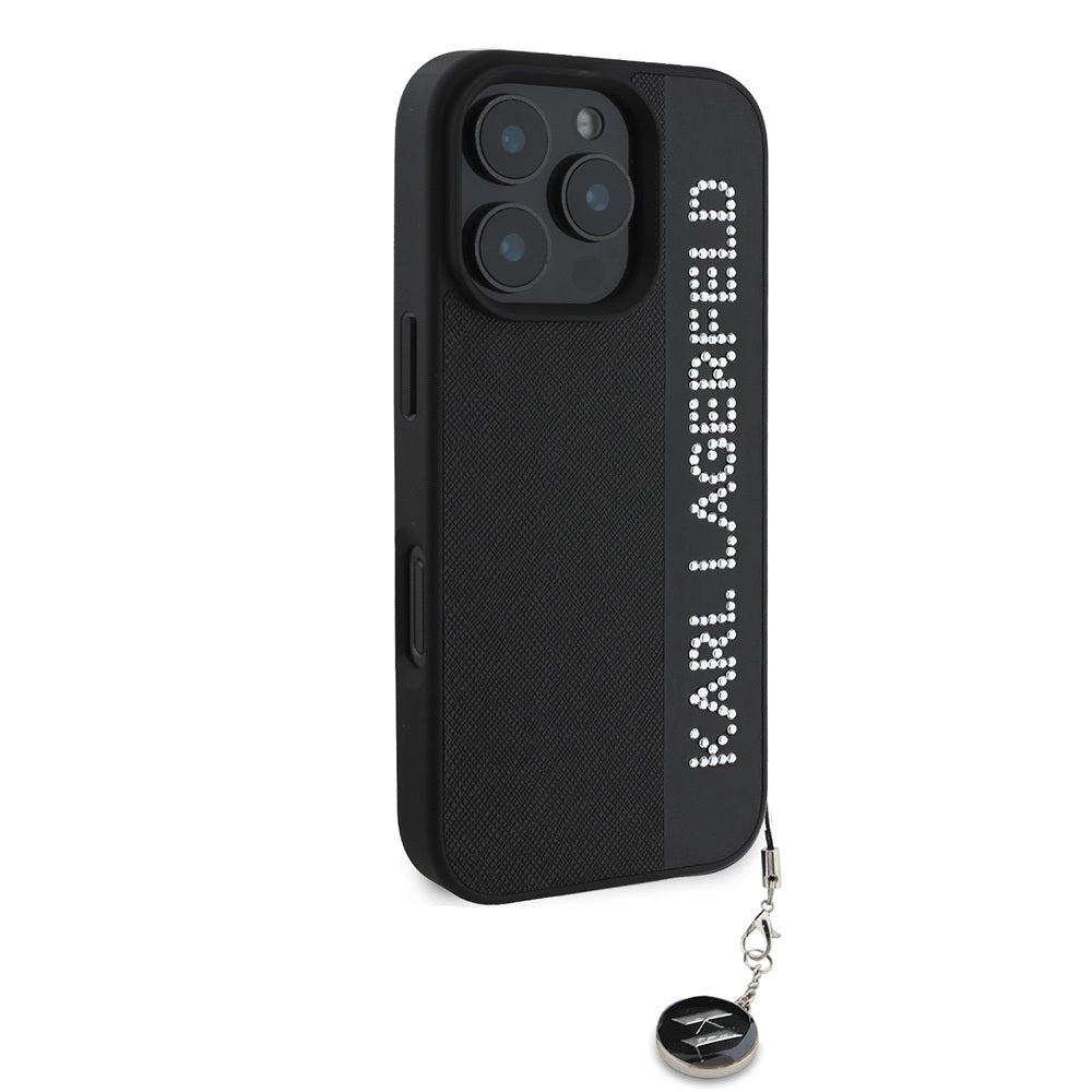 Karl Lagerfeld iPhone 16 Pro Orjinal Lisanslı Anahtarlıklı Taşlı KL Yazılı Saffiano Rhinestones Telefon Kılıfı-11
