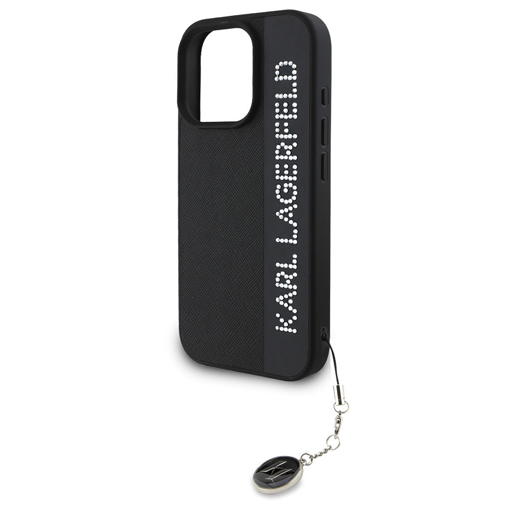 Karl Lagerfeld iPhone 16 Pro Orjinal Lisanslı Anahtarlıklı Taşlı KL Yazılı Saffiano Rhinestones Telefon Kılıfı-13