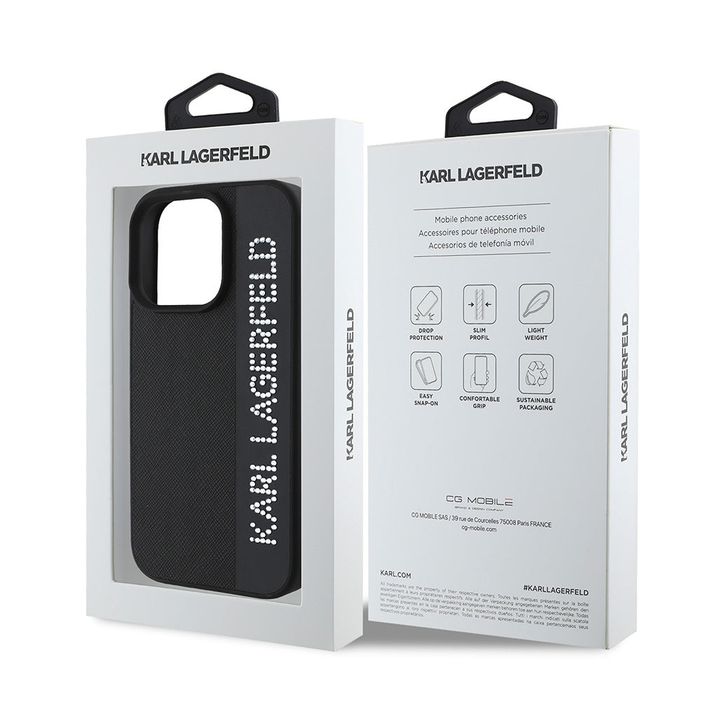 Karl Lagerfeld iPhone 16 Pro Orjinal Lisanslı Anahtarlıklı Taşlı KL Yazılı Saffiano Rhinestones Telefon Kılıfı-15