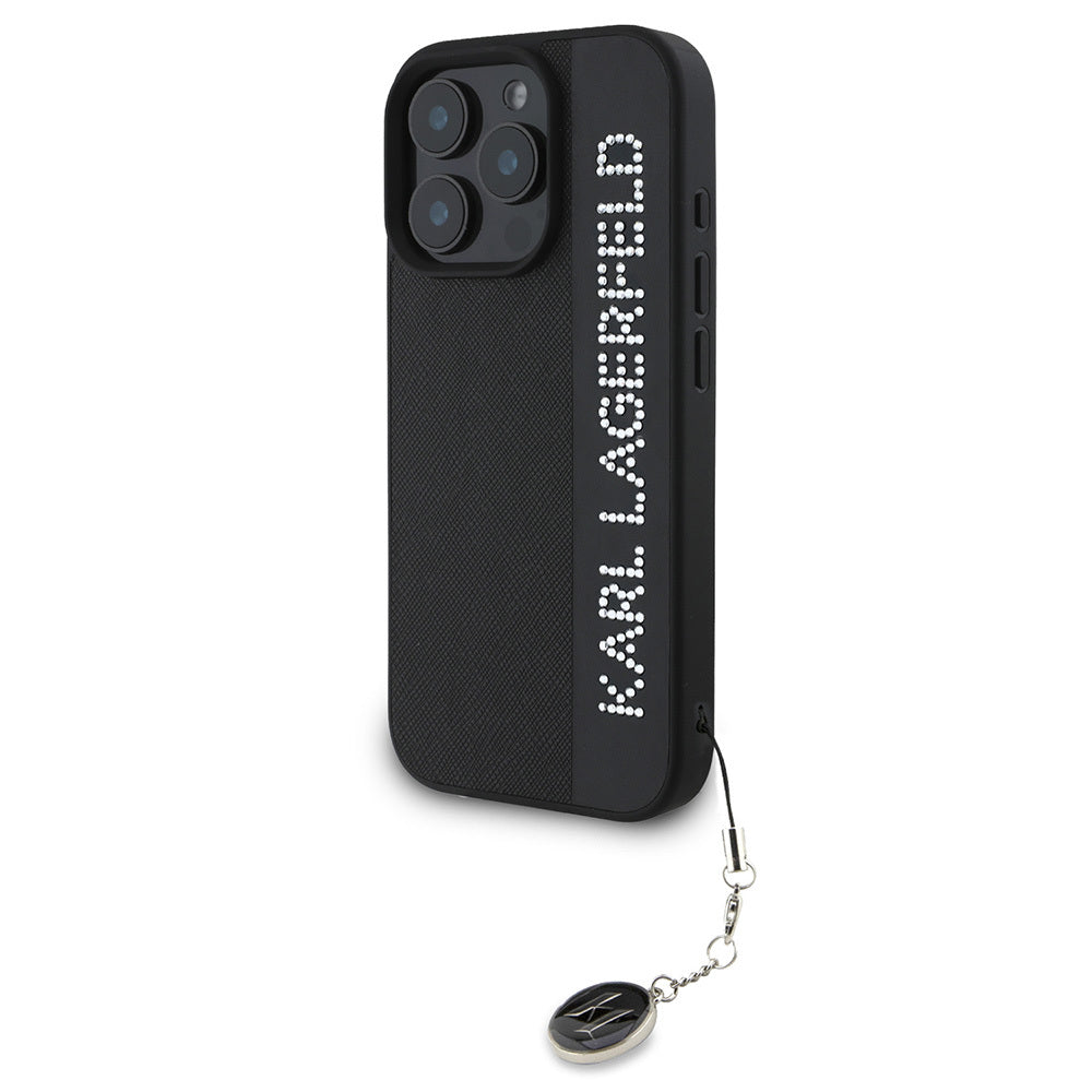 Karl Lagerfeld iPhone 16 Pro Orjinal Lisanslı Anahtarlıklı Taşlı KL Yazılı Saffiano Rhinestones Telefon Kılıfı-9