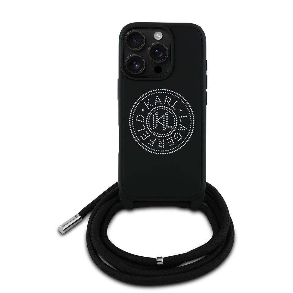 Karl Lagerfeld iPhone 16 Pro Orjinal Lisanslı Askı İpli Taşlı KL Yazılı Crossbody Cord Telefon Kılıfı-2