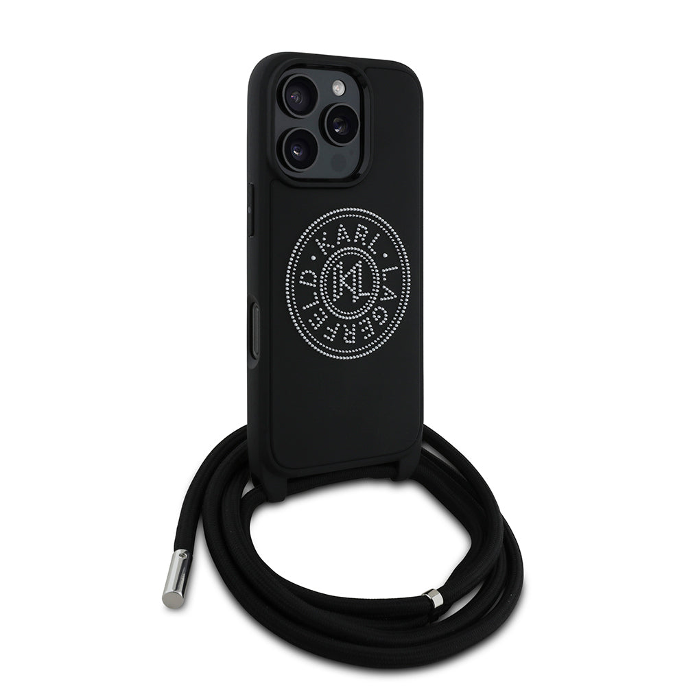 Karl Lagerfeld iPhone 16 Pro Orjinal Lisanslı Askı İpli Taşlı KL Yazılı Crossbody Cord Telefon Kılıfı-3
