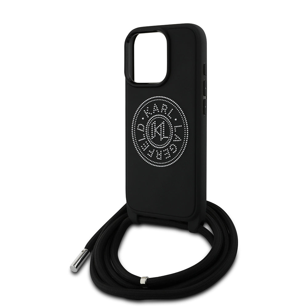 Karl Lagerfeld iPhone 16 Pro Orjinal Lisanslı Askı İpli Taşlı KL Yazılı Crossbody Cord Telefon Kılıfı-5