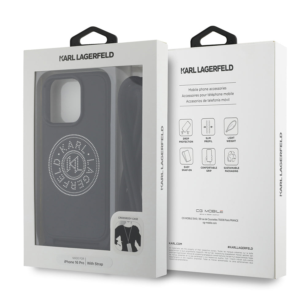 Karl Lagerfeld iPhone 16 Pro Orjinal Lisanslı Askı İpli Taşlı KL Yazılı Crossbody Cord Telefon Kılıfı-7