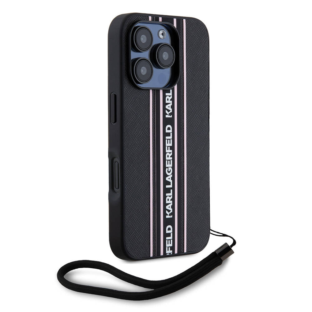 Karl Lagerfeld iPhone 16 Pro Orjinal Lisanslı Askılı Saffiano Athleisure Şerit Çizgili Telefon Kılıfı-3