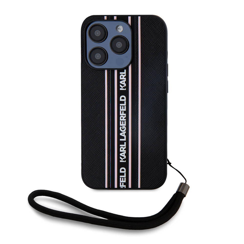Karl Lagerfeld iPhone 16 Pro Orjinal Lisanslı Askılı Saffiano Athleisure Şerit Çizgili Telefon Kılıfı-2
