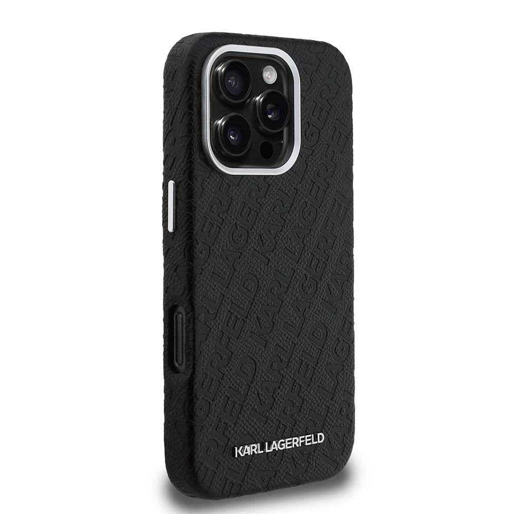 Karl Lagerfeld iPhone 16 Pro Orjinal Lisanslı PU Deri Damgalı Metal Yazı Logolu Telefon Kılıfı