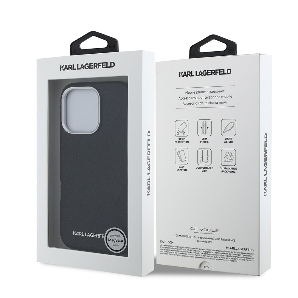Karl Lagerfeld iPhone 16 Pro Orjinal Lisanslı PU Deri Damgalı Metal Yazı Logolu Telefon Kılıfı