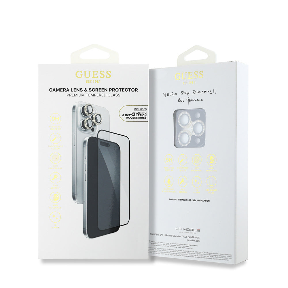 Guess iPhone 16 Pro Max Orjinal Lisanslı Rhinestone Ekran Koruyucu + Lens Koruyucu 2in1 Aksesuar Seti