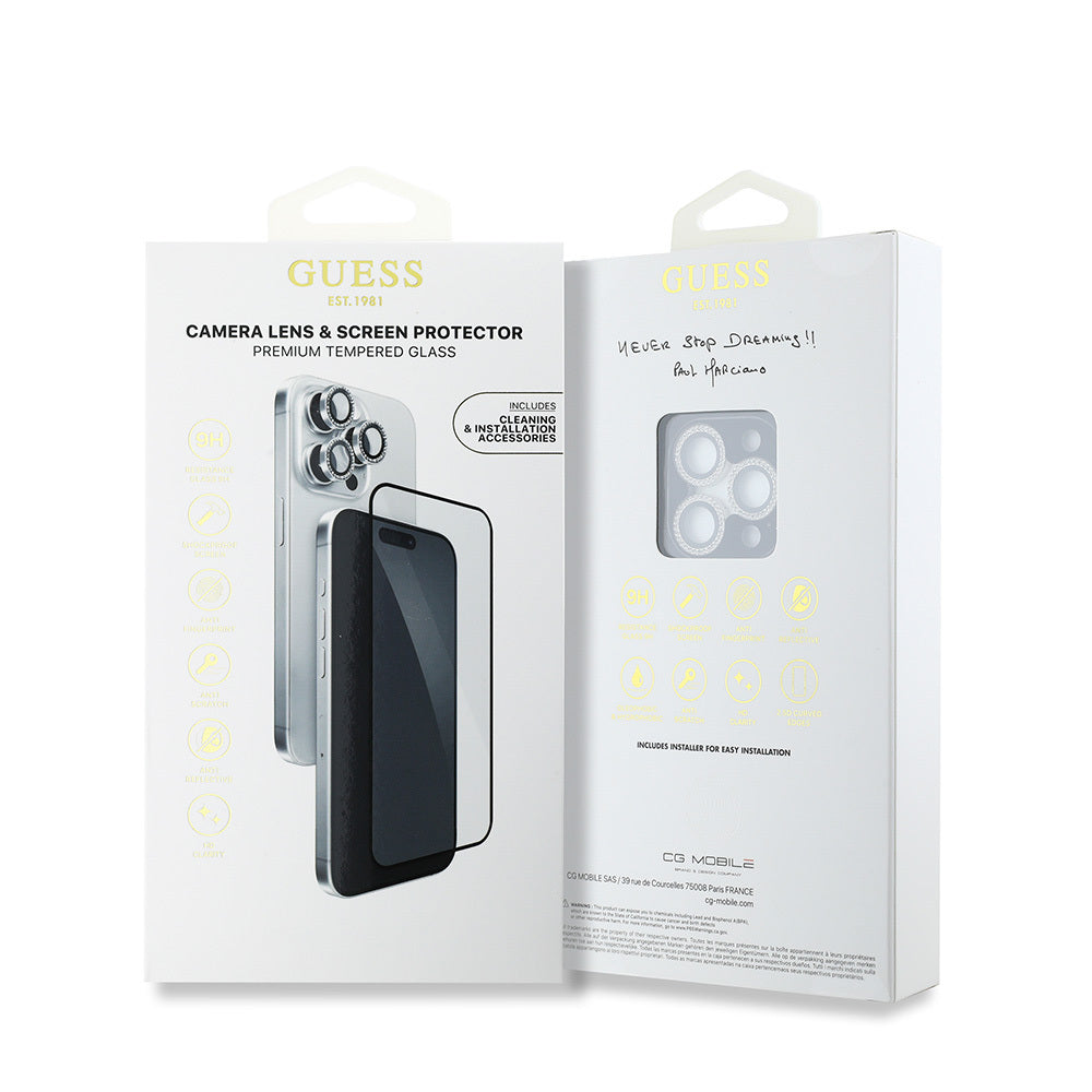 Guess iPhone 16 Pro Max Orjinal Lisanslı Rhinestone Ekran Koruyucu + Lens Koruyucu 2in1 Aksesuar Seti