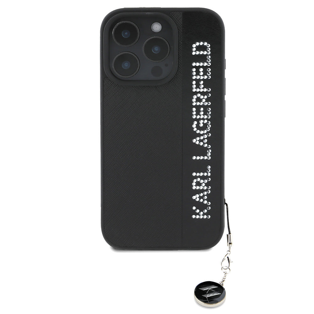 Karl Lagerfeld iPhone 16 Pro Max Orjinal Lisanslı Anahtarlıklı Taşlı KL Yazılı Saffiano Rhinestones Telefon Kılıfı-10