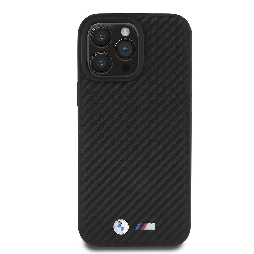 BMW iPhone 16 Pro Max Orjinal Lisanslı Karbon Fiber Tasarımlı ve Metal Logolu PU Deri Telefon Kılıfı