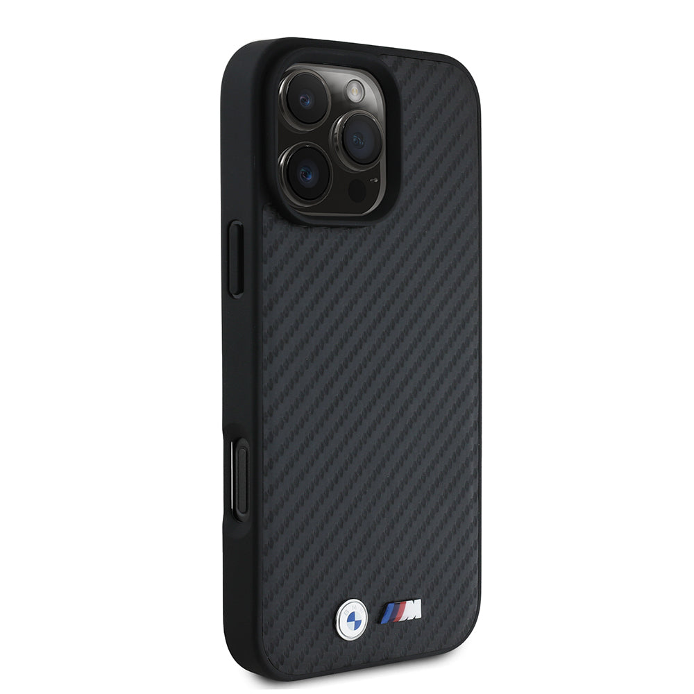 BMW iPhone 16 Pro Max Orjinal Lisanslı Karbon Fiber Tasarımlı ve Metal Logolu PU Deri Telefon Kılıfı