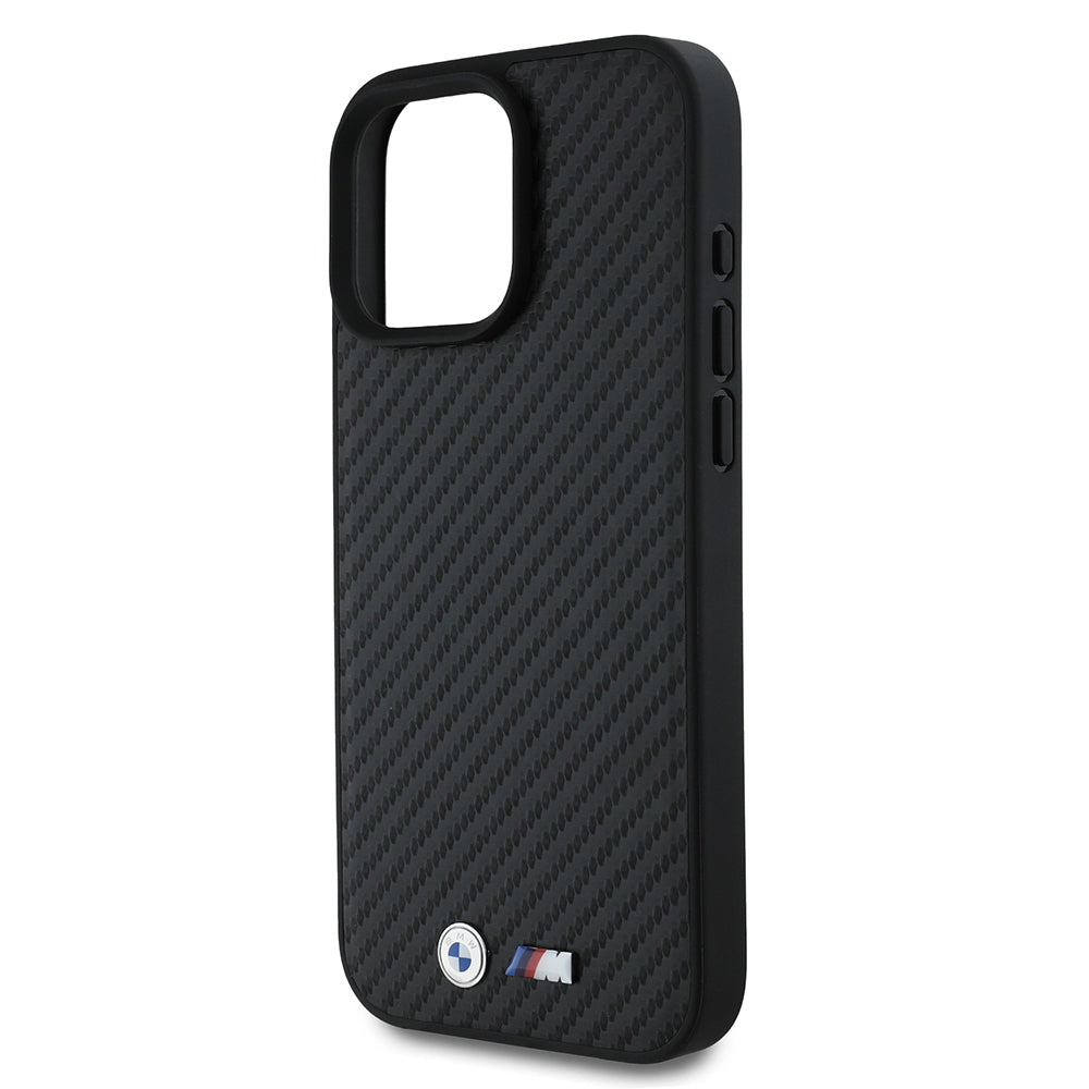 BMW iPhone 16 Pro Max Orjinal Lisanslı Karbon Fiber Tasarımlı ve Metal Logolu PU Deri Telefon Kılıfı