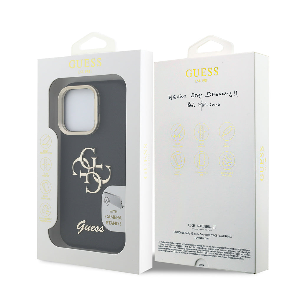 Guess iPhone 16 Pro Max Orjinal Lisanslı Grained Yazı Logolu Kamera Standlı Kılıf