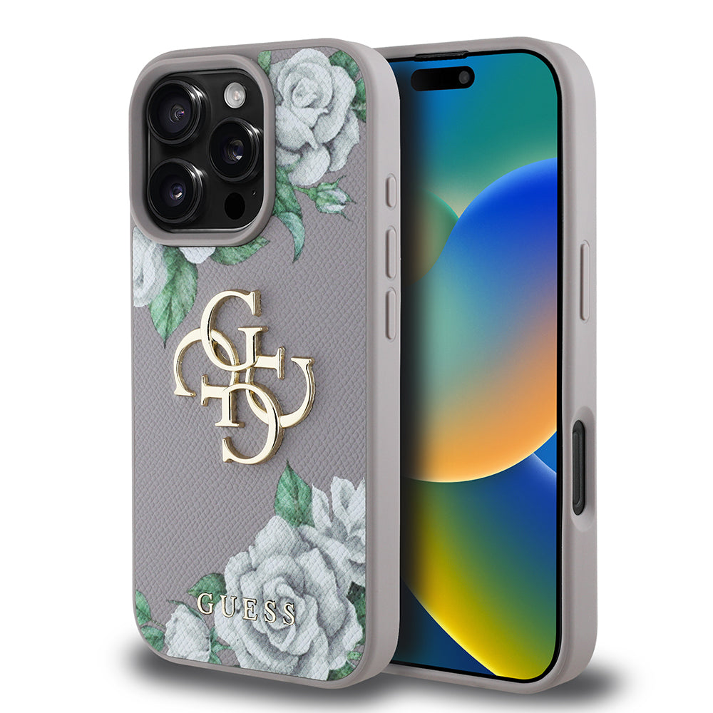 Guess iPhone 16 Pro Max Orjinal Lisanslı Gül Baskılı Büyük Metal Logo Dizaynlı Kılıf