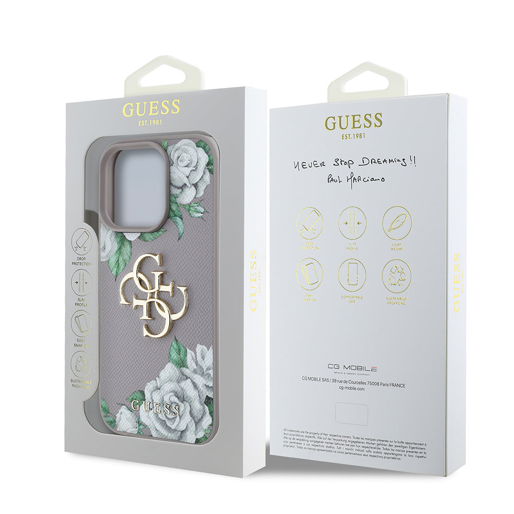 Guess iPhone 16 Pro Max Orjinal Lisanslı Gül Baskılı Büyük Metal Logo Dizaynlı Kılıf
