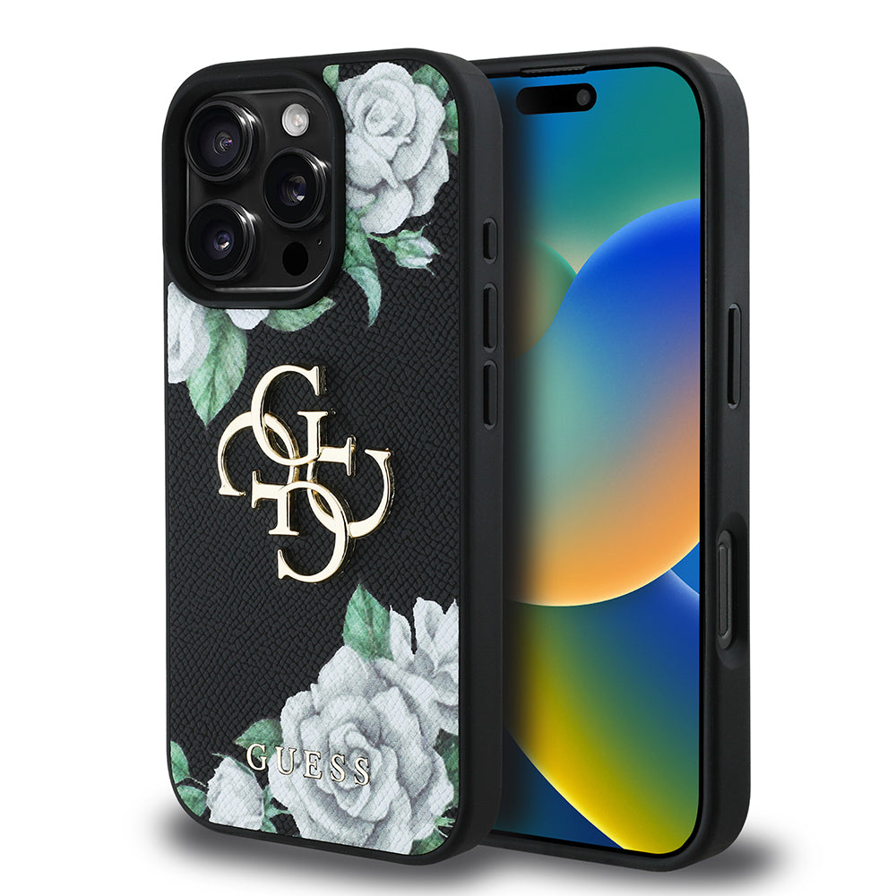 Guess iPhone 16 Pro Max Orjinal Lisanslı Gül Baskılı Büyük Metal Logo Dizaynlı Kılıf