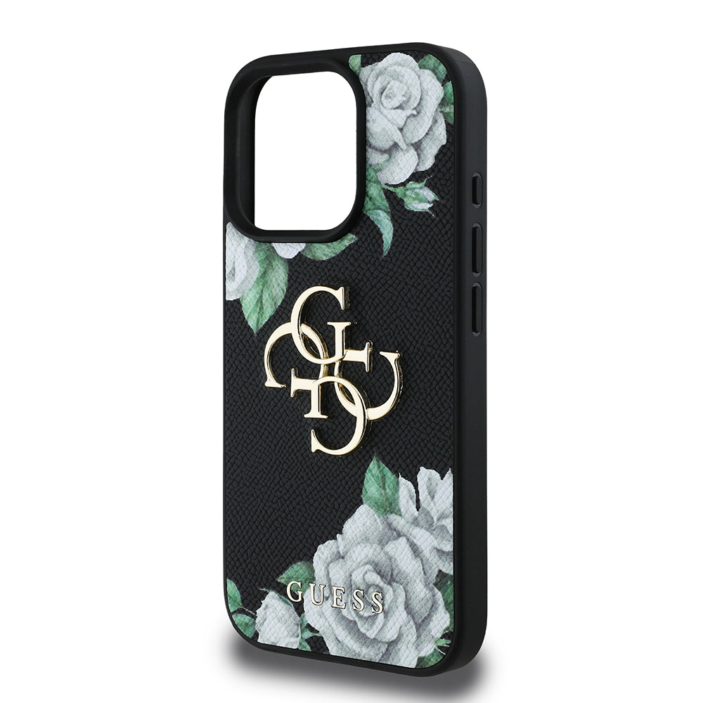 Guess iPhone 16 Pro Max Orjinal Lisanslı Gül Baskılı Büyük Metal Logo Dizaynlı Kılıf