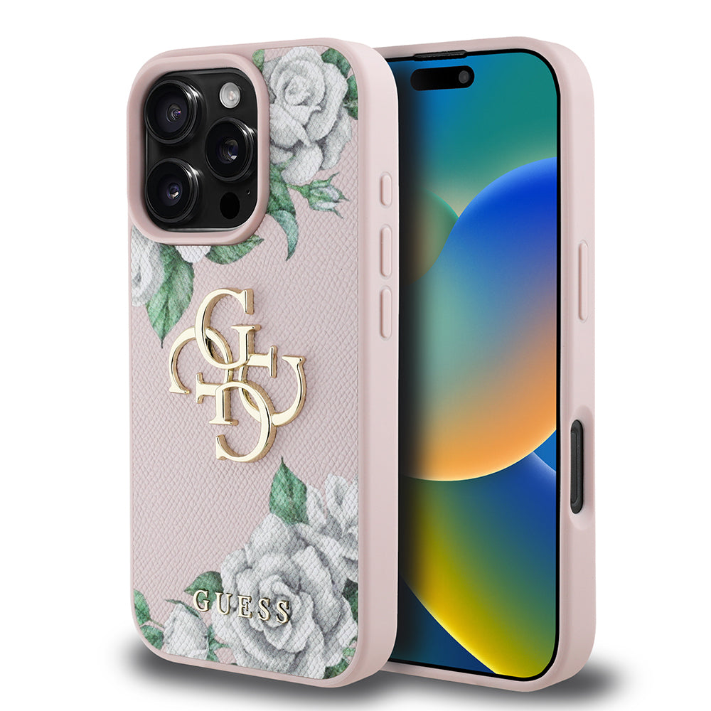 Guess iPhone 16 Pro Max Orjinal Lisanslı Gül Baskılı Büyük Metal Logo Dizaynlı Kılıf