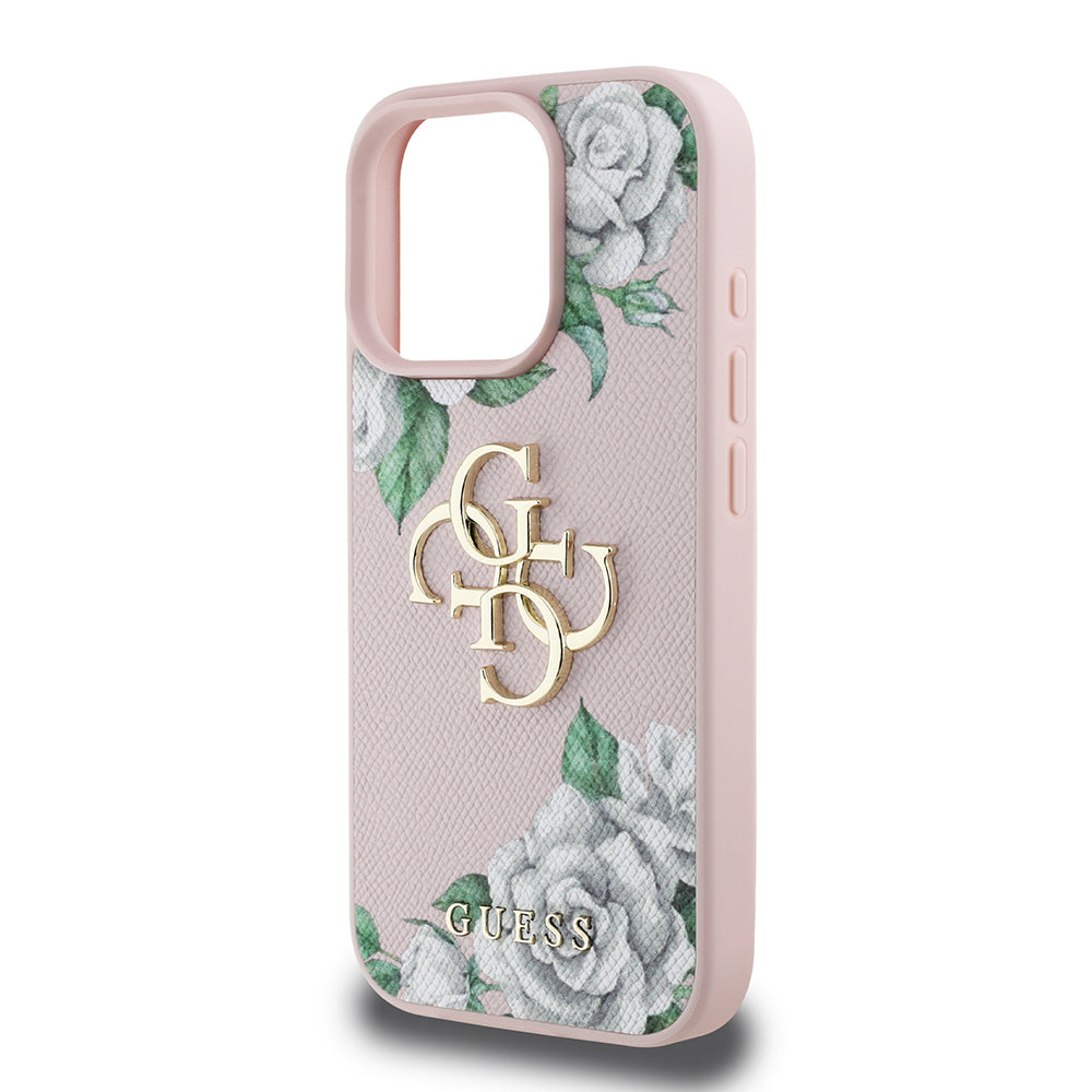 Guess iPhone 16 Pro Max Orjinal Lisanslı Gül Baskılı Büyük Metal Logo Dizaynlı Kılıf