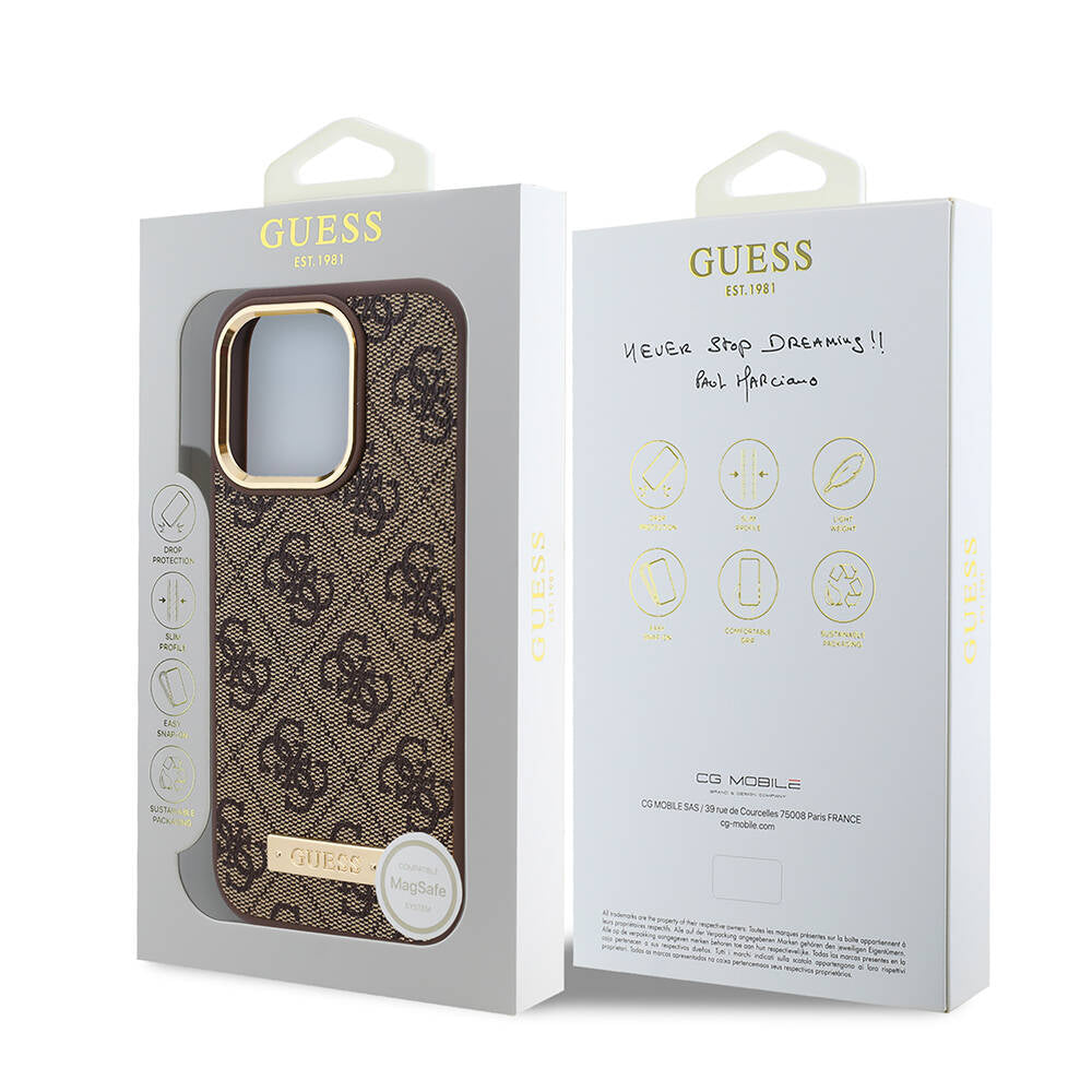 Guess iPhone 16 Pro Max Orjinal Lisanslı Magsafe Şarj Özellikli 4G Desenli PU Metal Plaka Klasik Logolu Telefon Kılıfı - 24