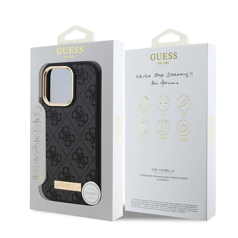 Guess iPhone 16 Pro Max Orjinal Lisanslı Magsafe Şarj Özellikli 4G Desenli PU Metal Plaka Klasik Logolu Telefon Kılıfı - 16