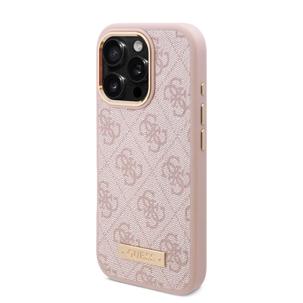 Guess iPhone 16 Pro Max Orjinal Lisanslı Magsafe Şarj Özellikli 4G Desenli PU Metal Plaka Klasik Logolu Telefon Kılıfı - 2