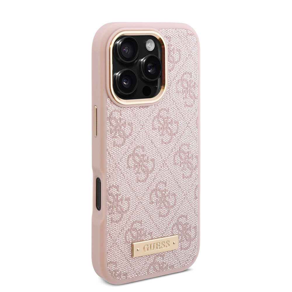 Guess iPhone 16 Pro Max Orjinal Lisanslı Magsafe Şarj Özellikli 4G Desenli PU Metal Plaka Klasik Logolu Telefon Kılıfı - 4