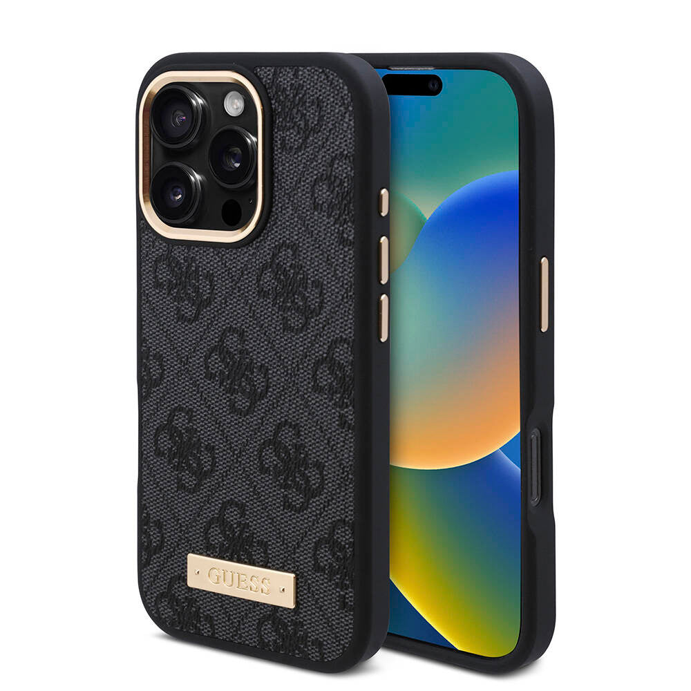 Guess iPhone 16 Pro Max Orjinal Lisanslı Magsafe Şarj Özellikli 4G Desenli PU Metal Plaka Klasik Logolu Telefon Kılıfı - 9