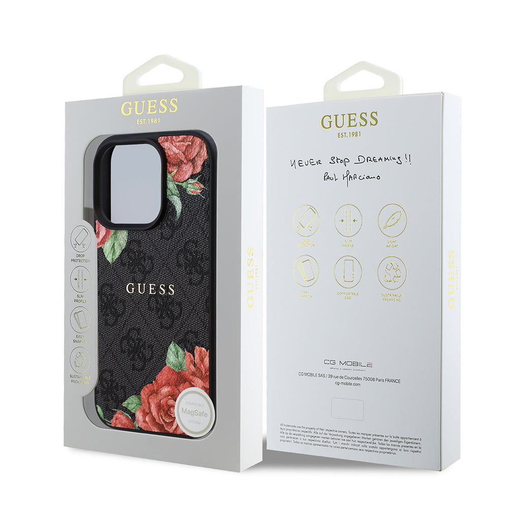 Guess iPhone 16 Pro Max Orjinal Lisanslı M-safe Şarj Özellikli Gül Baskılı 4G Desenli Yazı Logolu Kılıf