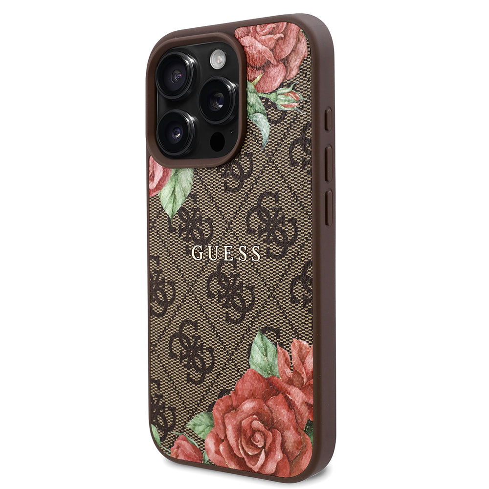 Guess iPhone 16 Pro Max Orjinal Lisanslı M-safe Şarj Özellikli Gül Baskılı 4G Desenli Yazı Logolu Kılıf