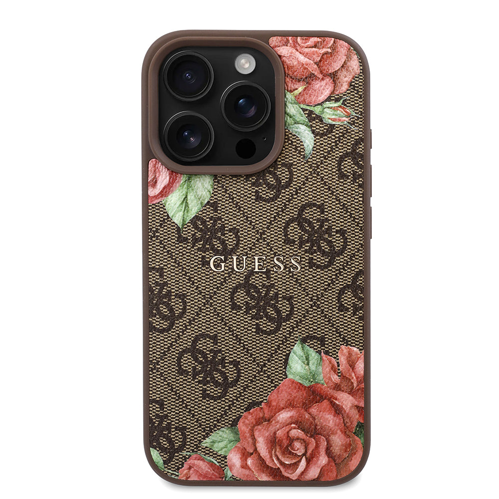 Guess iPhone 16 Pro Max Orjinal Lisanslı M-safe Şarj Özellikli Gül Baskılı 4G Desenli Yazı Logolu Kılıf