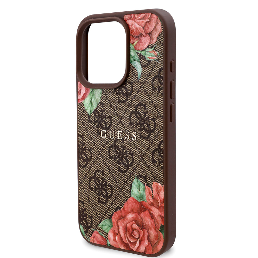 Guess iPhone 16 Pro Max Orjinal Lisanslı M-safe Şarj Özellikli Gül Baskılı 4G Desenli Yazı Logolu Kılıf