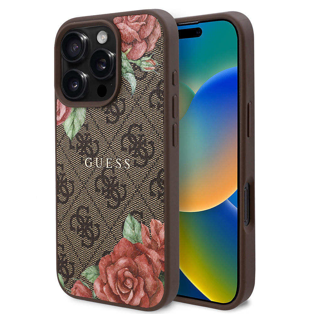Guess iPhone 16 Pro Max Orjinal Lisanslı M-safe Şarj Özellikli Gül Baskılı 4G Desenli Yazı Logolu Kılıf