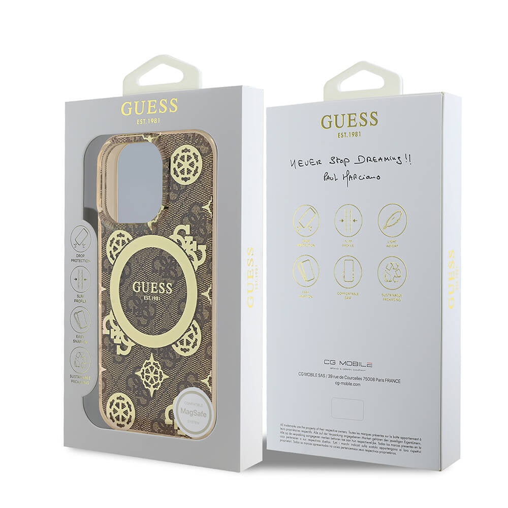 Guess iPhone 16 Pro Max Orjinal Lisanslı M-safe Şarj Özellikli IML Peony ve 4G Desenli Klasik Logolu Kılıf