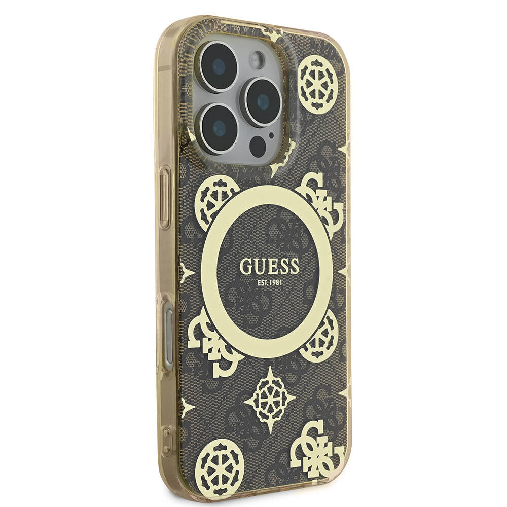 Guess iPhone 16 Pro Max Orjinal Lisanslı M-safe Şarj Özellikli IML Peony ve 4G Desenli Klasik Logolu Kılıf