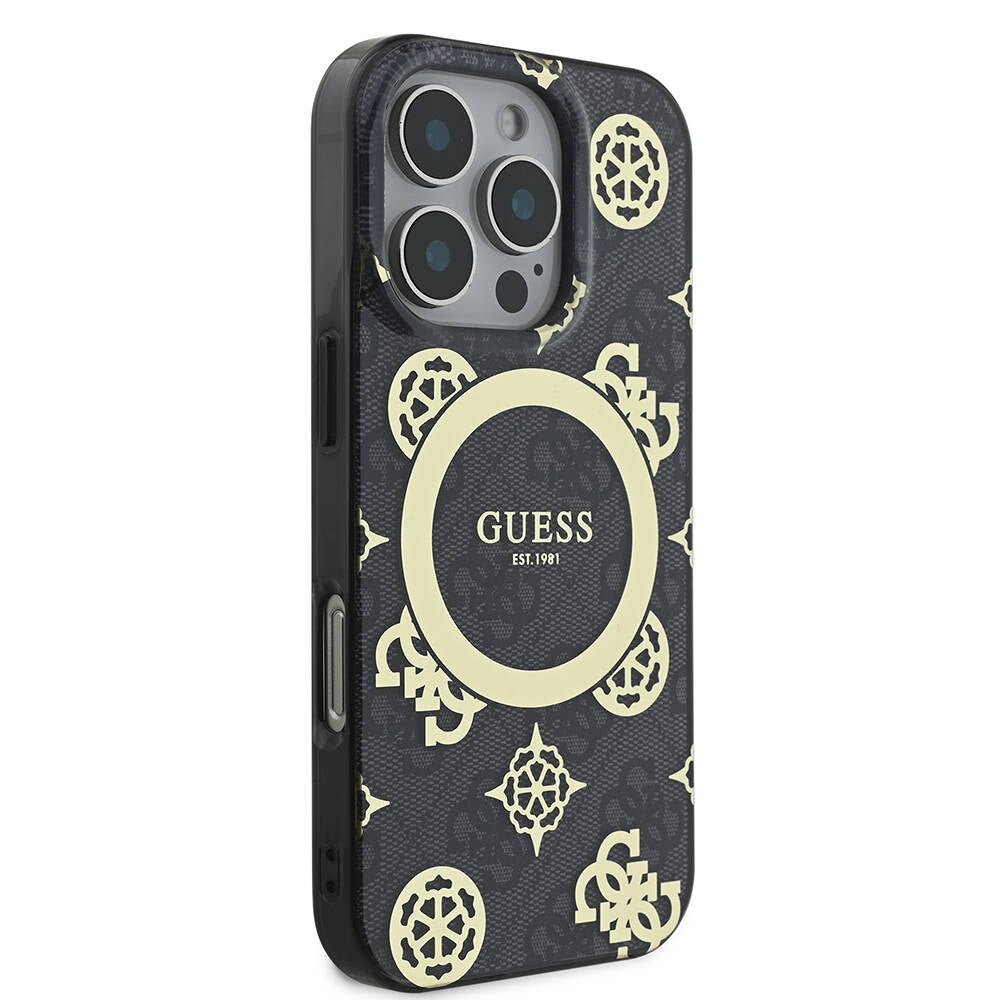 Guess iPhone 16 Pro Max Orjinal Lisanslı M-safe Şarj Özellikli IML Peony ve 4G Desenli Klasik Logolu Kılıf