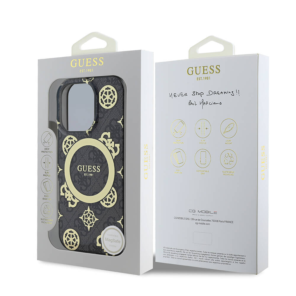 Guess iPhone 16 Pro Max Orjinal Lisanslı M-safe Şarj Özellikli IML Peony ve 4G Desenli Klasik Logolu Kılıf