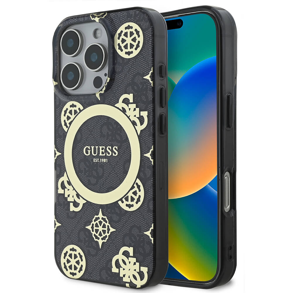 Guess iPhone 16 Pro Max Orjinal Lisanslı M-safe Şarj Özellikli IML Peony ve 4G Desenli Klasik Logolu Kılıf
