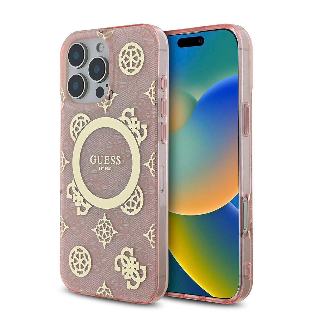 Guess iPhone 16 Pro Max Orjinal Lisanslı M-safe Şarj Özellikli IML Peony ve 4G Desenli Klasik Logolu Kılıf