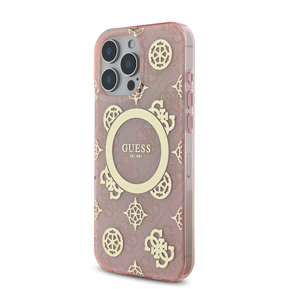 Guess iPhone 16 Pro Max Orjinal Lisanslı M-safe Şarj Özellikli IML Peony ve 4G Desenli Klasik Logolu Kılıf