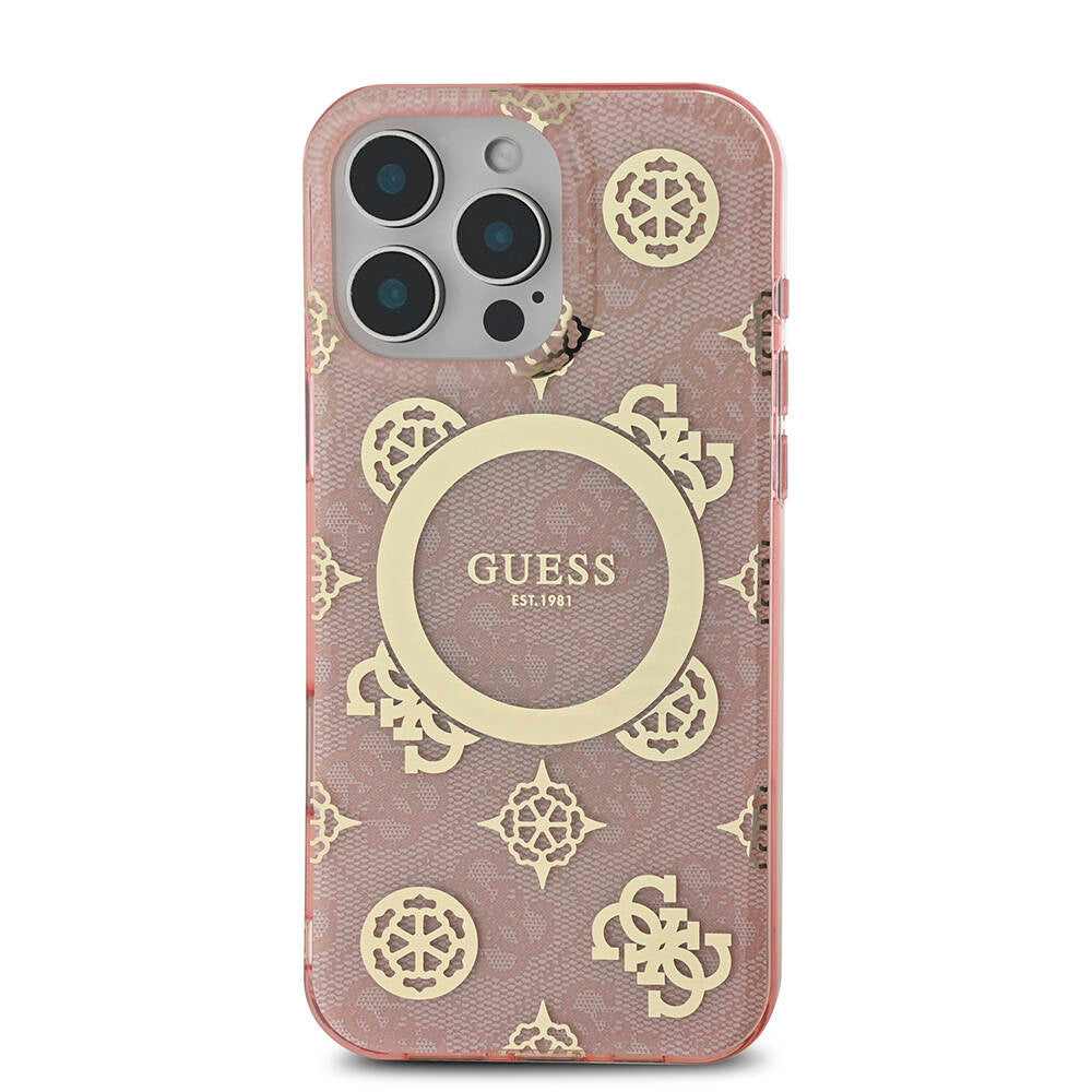 Guess iPhone 16 Pro Max Orjinal Lisanslı M-safe Şarj Özellikli IML Peony ve 4G Desenli Klasik Logolu Kılıf