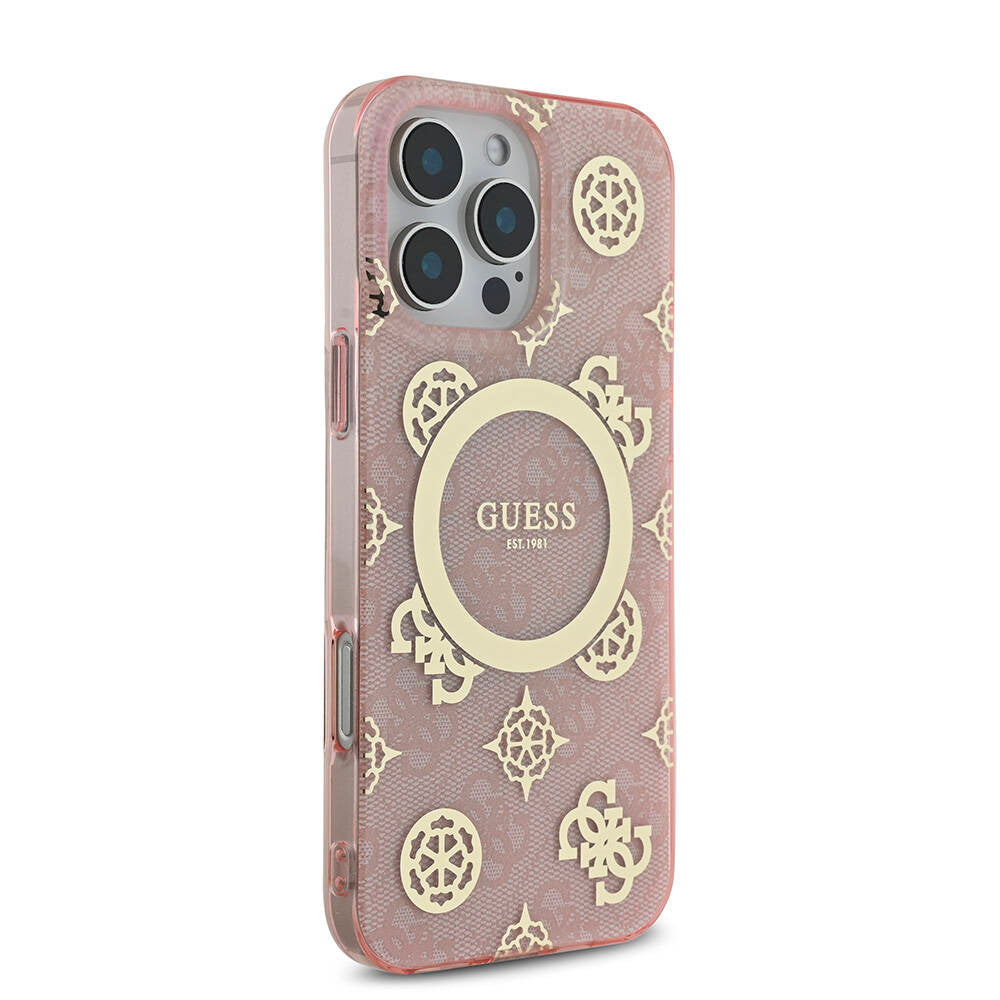 Guess iPhone 16 Pro Max Orjinal Lisanslı M-safe Şarj Özellikli IML Peony ve 4G Desenli Klasik Logolu Kılıf