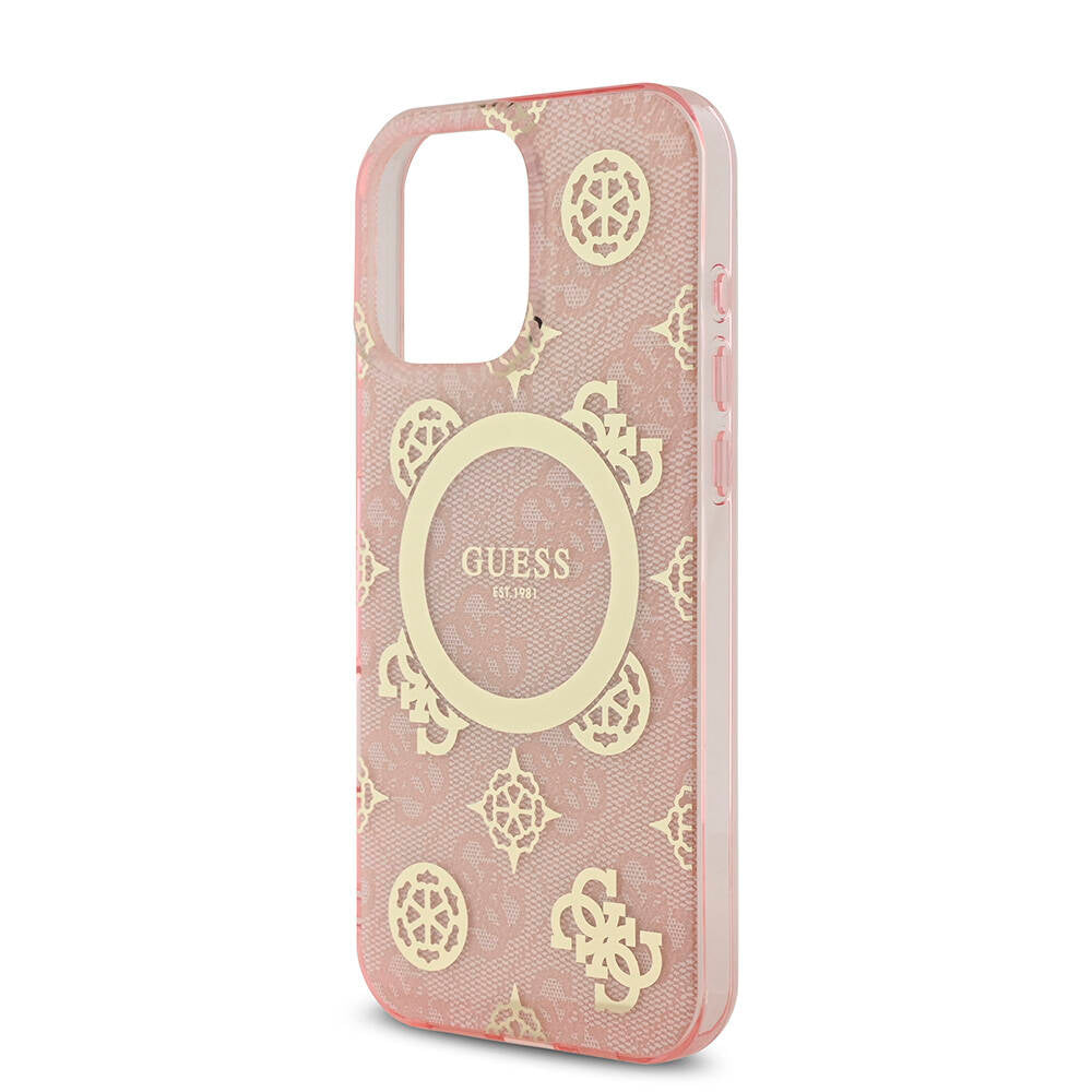 Guess iPhone 16 Pro Max Orjinal Lisanslı M-safe Şarj Özellikli IML Peony ve 4G Desenli Klasik Logolu Kılıf