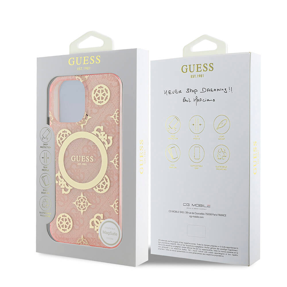 Guess iPhone 16 Pro Max Orjinal Lisanslı M-safe Şarj Özellikli IML Peony ve 4G Desenli Klasik Logolu Kılıf
